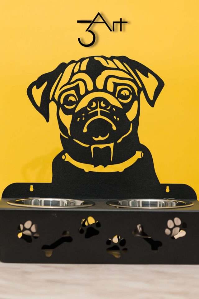 Pug Tasarımlı Çiftli Köpek Mama ve Su Kab standı - Mama Standı - Dayanıklı Mama Kabı Seti