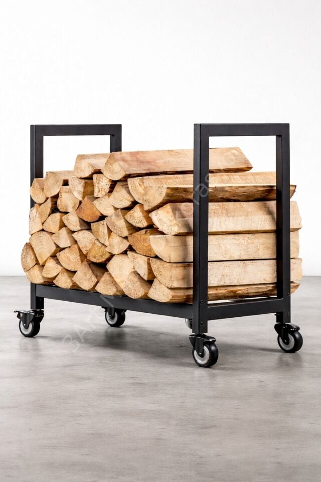 Modern Tekerlekli Metal Odunluk | Şömine & Soba Yanı Odun Taşıma Standı