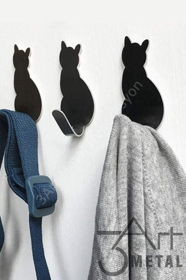 3lü Paslanmaz Kedi Figürlü Metal Askılık - Askı - Anahtarlık - Elbise askısı