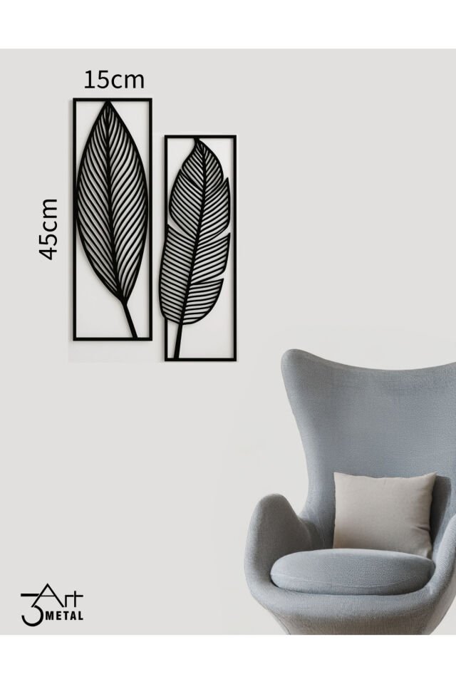Siyah Metal Yaprak Desenli Duvar Dekoru 2'li Set - Modern Minimalist Çerçeveli Tablo