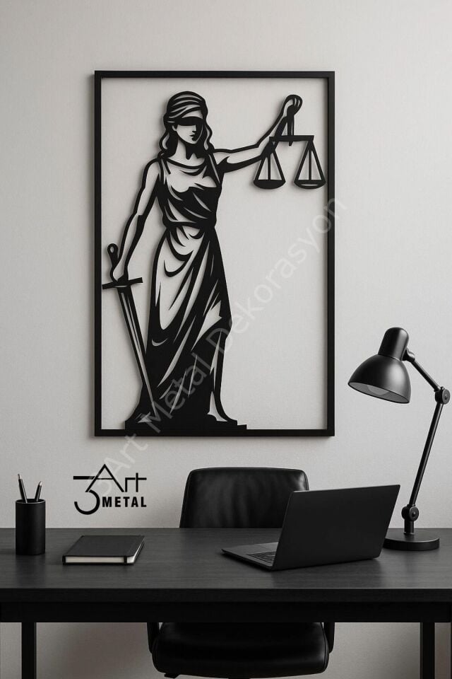 Mat Siyah Metal Adalet Temalı Duvar Dekoru – Themis Tablo | Ofis ve Hukuk Bürosu İçin Şık Tablo