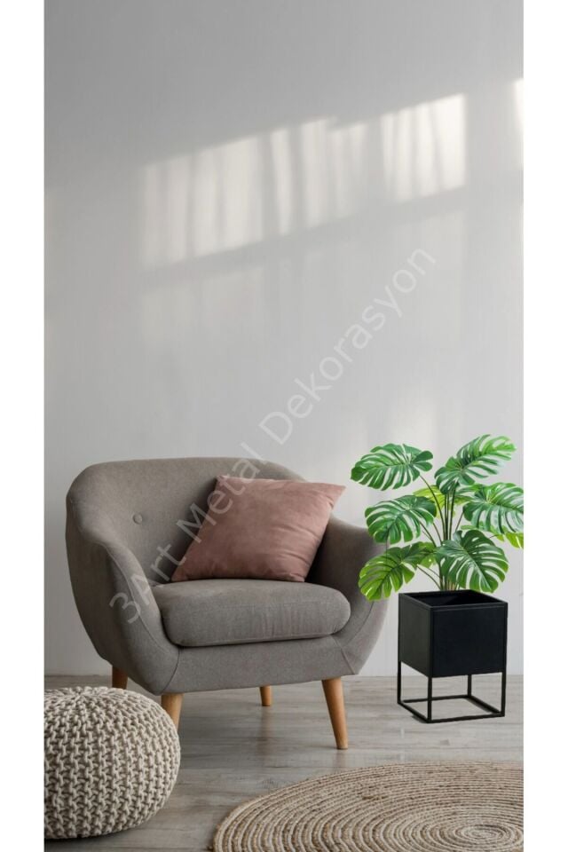 Saksı - Ayaklı Saksılık - Dekoratif Metal Saksılık - Siyah