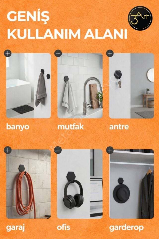 4'lü Kendinden Yapışkanlı Askılık - Güçlü Yapışkanlı Duvar Askısı - Modern Siyah Askı