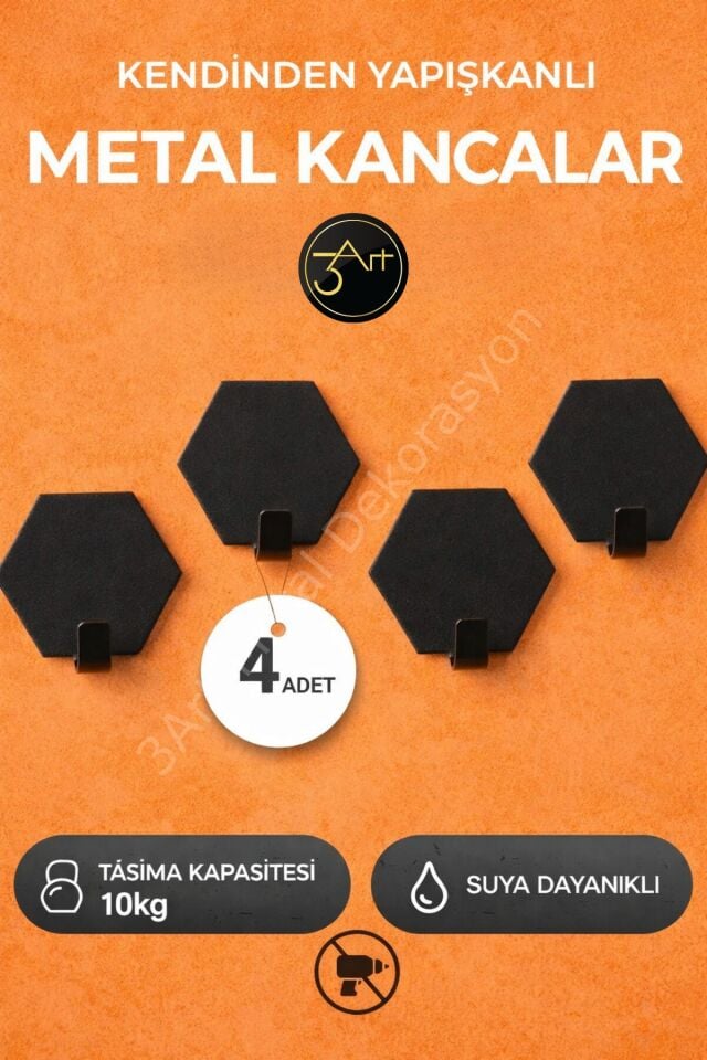 4'lü Kendinden Yapışkanlı Askılık - Güçlü Yapışkanlı Duvar Askısı - Modern Siyah Askı