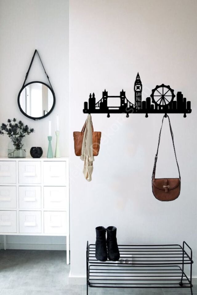 Londra Şehir Silüeti Metal Askılık - Dekoratif Askı - Duvar Askısı - Elbise Askısı