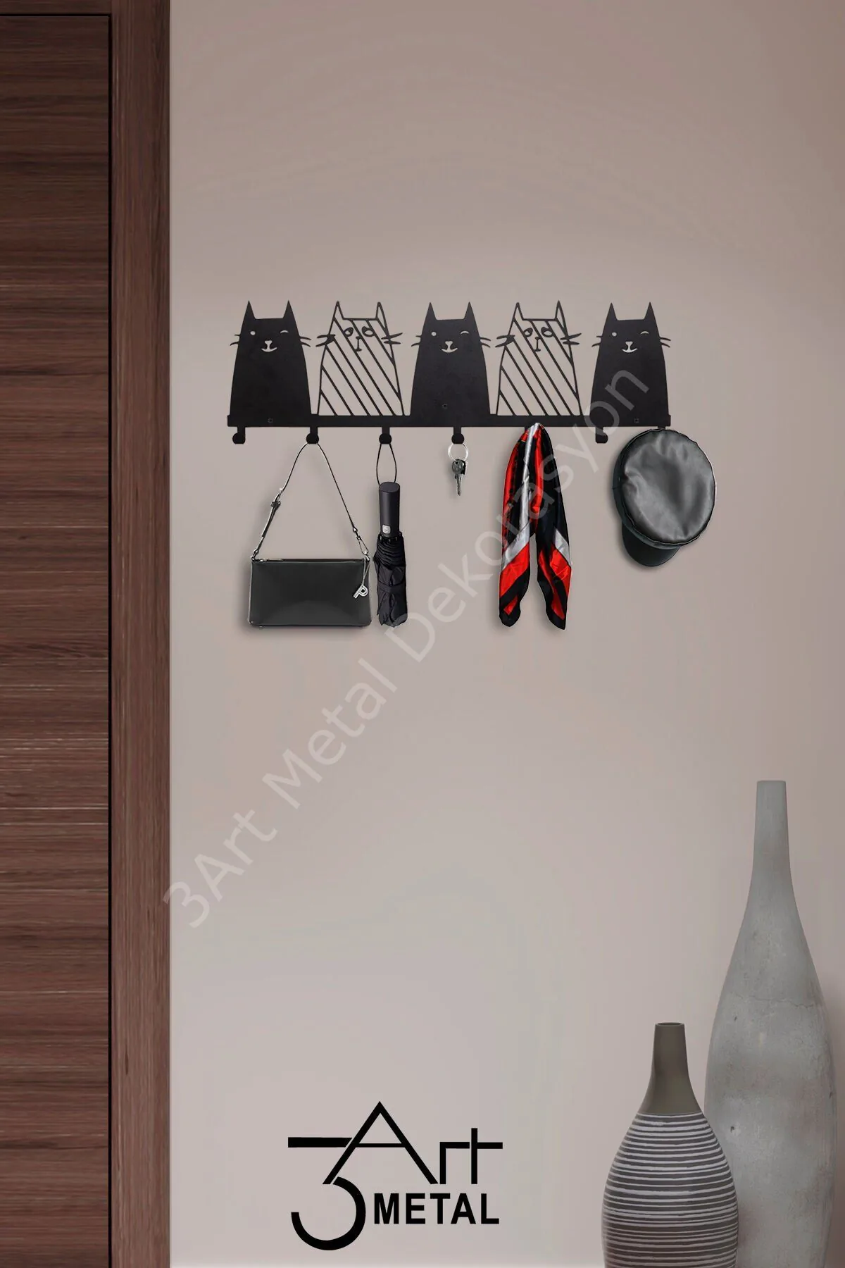 Dekoratif Kedili Metal Duvar Askısı
