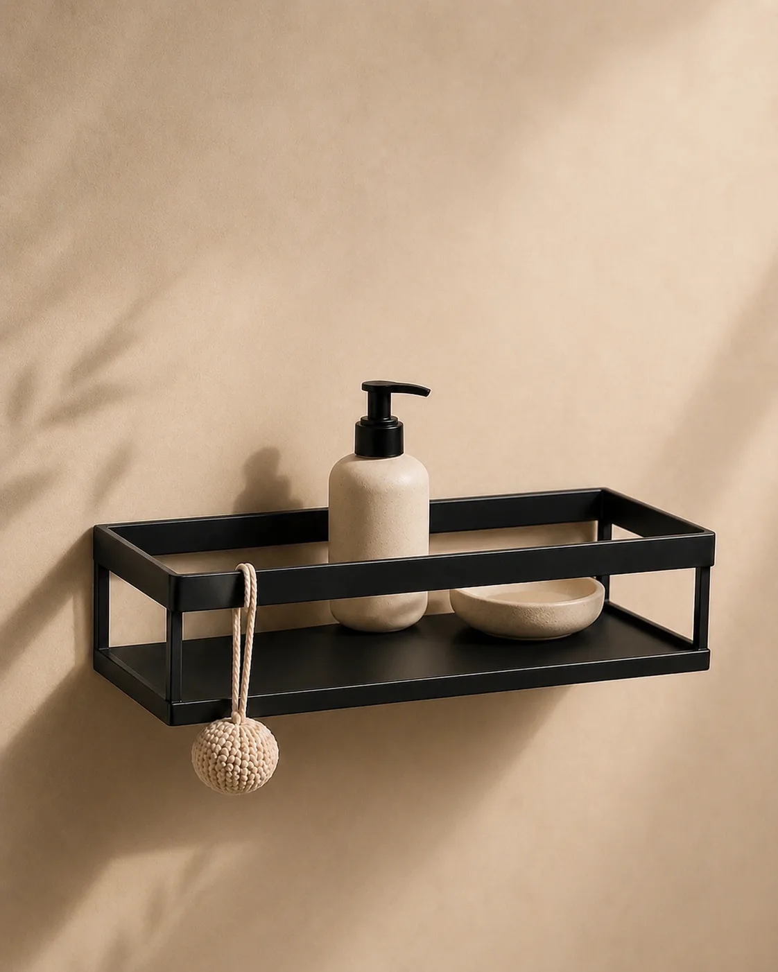 Duvar Tipi Banyo Şampuanlık Metal Siyah Raflı Sabunluk Organizer & Sünger Askısı