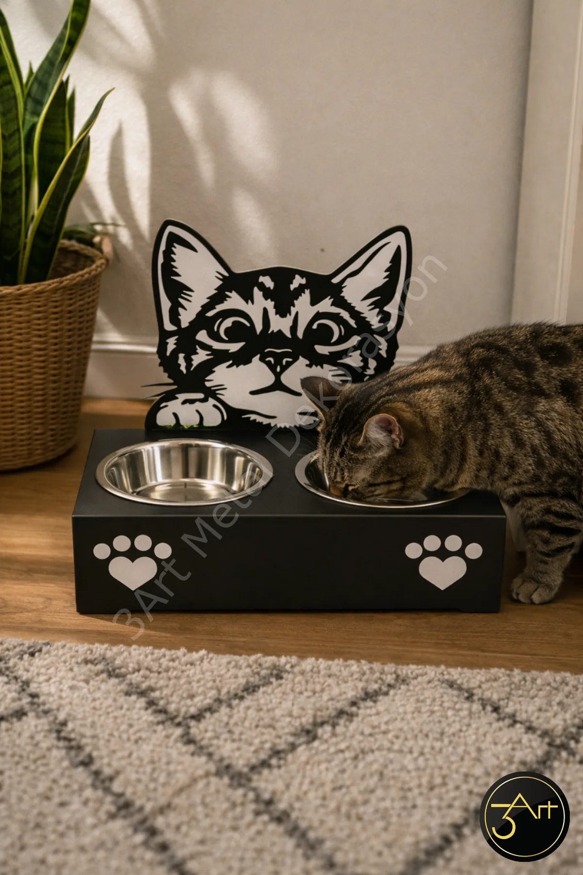Kedi Figürlü Mama ve Su Kabı Standı