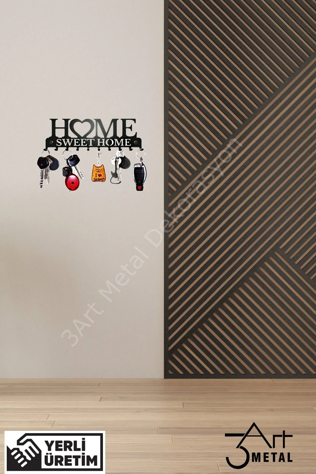 Metal Anahtar Askılığı — Home Yazılı Desenli