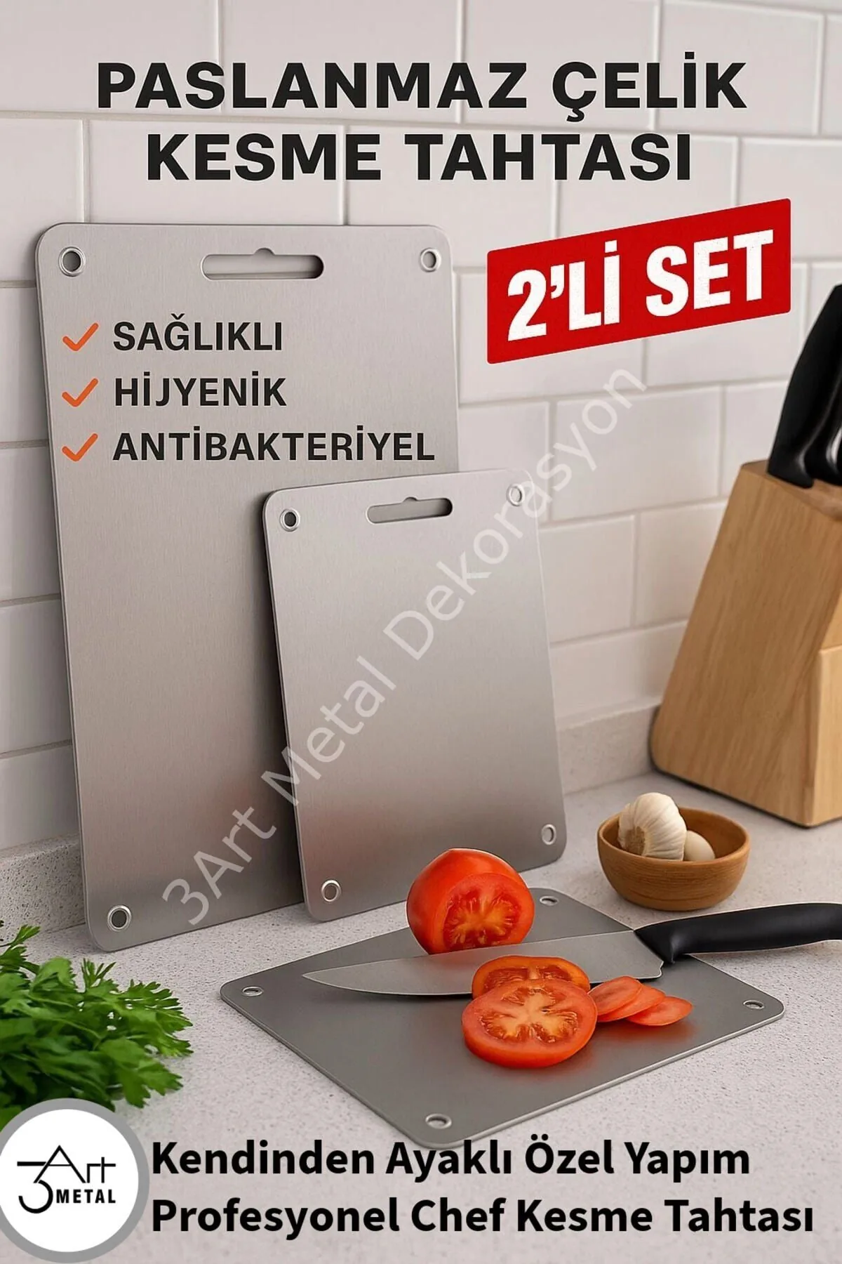 Paslanmaz Çelik Kesme Tahtası 2’li Set